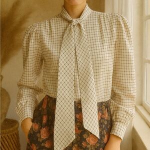 Vintage Judy Bond Cream Silky Tie Neck Secretary Windowpane  Button Down Blouse